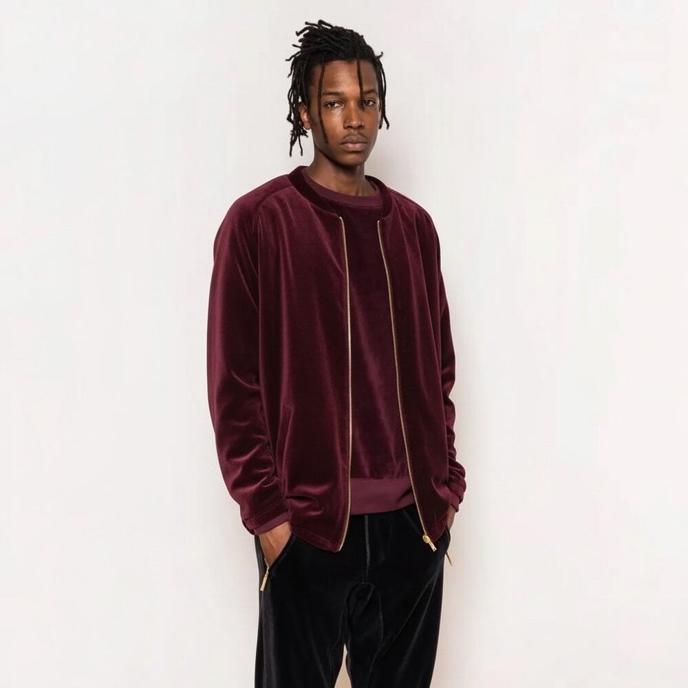 KITH x Bergdorf Goodman Men's Full Zip Liddi Velour Baseball Jersey Brugundy - M